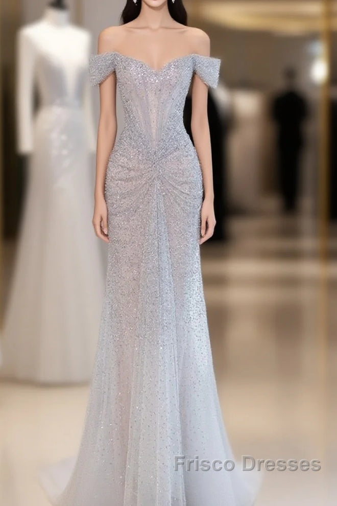 Pretty Mermaid Off The Shoulder Silver Sequin Evening Dress Formal Prom Dress Main image