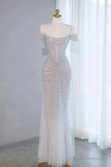 Pretty Mermaid Off The Shoulder Silver Sequin Evening Dress Prom Dresses