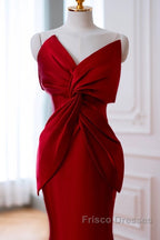Pretty Mermaid One Shoulder Red Satin Long Evening Dress Formal Prom Dress
