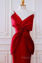 Pretty Mermaid One Shoulder Red Satin Long Evening Dress Formal Prom Dress