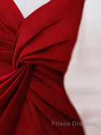 Pretty Mermaid One Shoulder Red Satin Long Evening Dress Formal Prom Dress