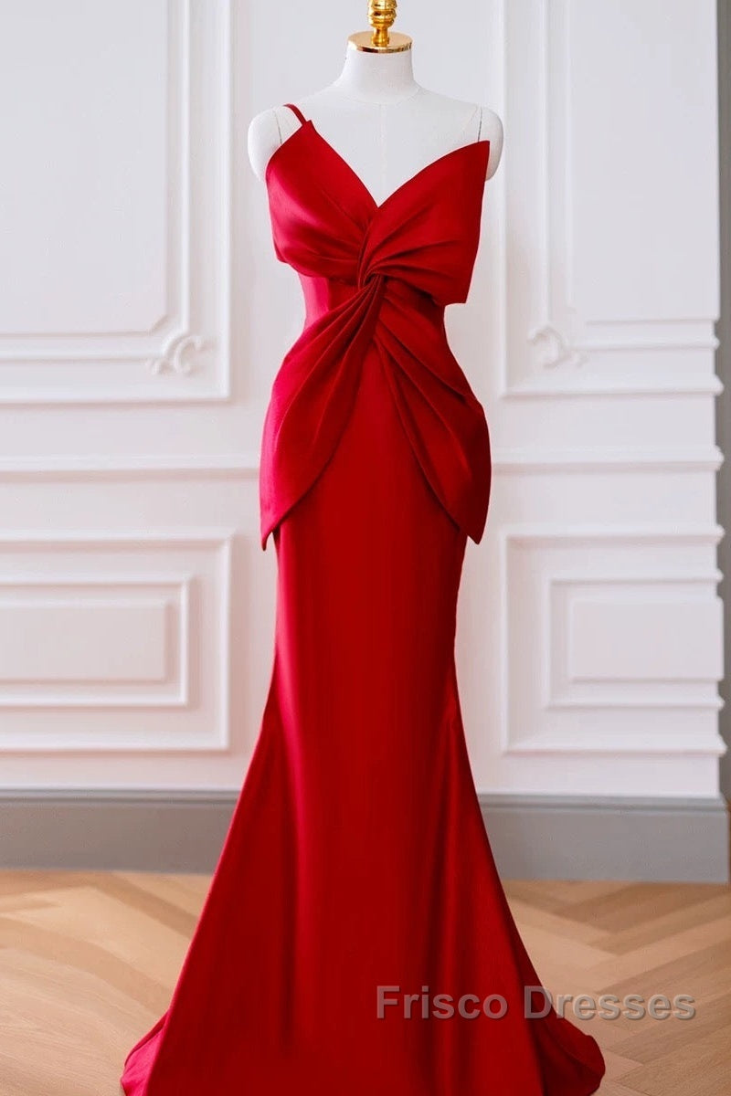 Pretty Mermaid One Shoulder Red Satin Long Evening Dress Formal Prom Dress