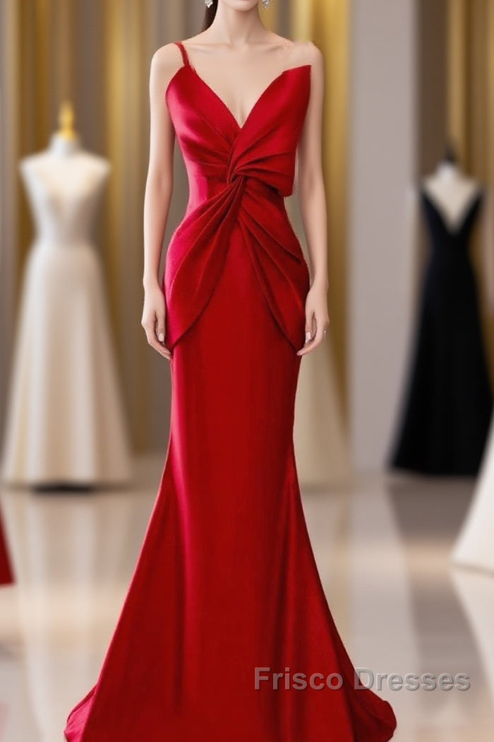 Pretty Mermaid One Shoulder Red Satin Long Evening Dress Formal Prom Dress Main image