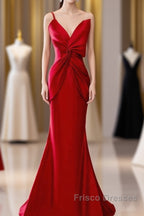 Pretty Mermaid One Shoulder Red Satin Long Evening Dress Formal Prom Dress