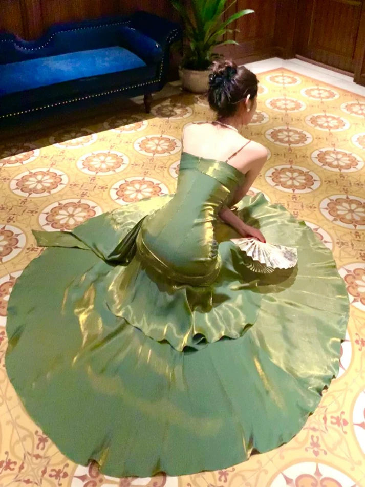 Pretty Mermaid Spaghetti Straps Olive Green Long Prom Dresses Evening Gowns