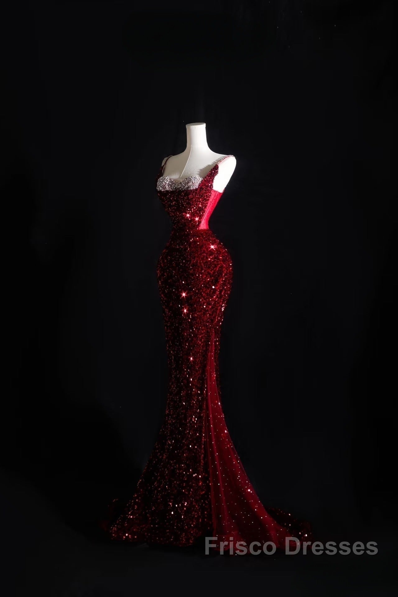Pretty Mermaid Spaghetti Straps Sequin Beads Burgundy Long Formal Prom Dress Formal Evening Dress Secondary image