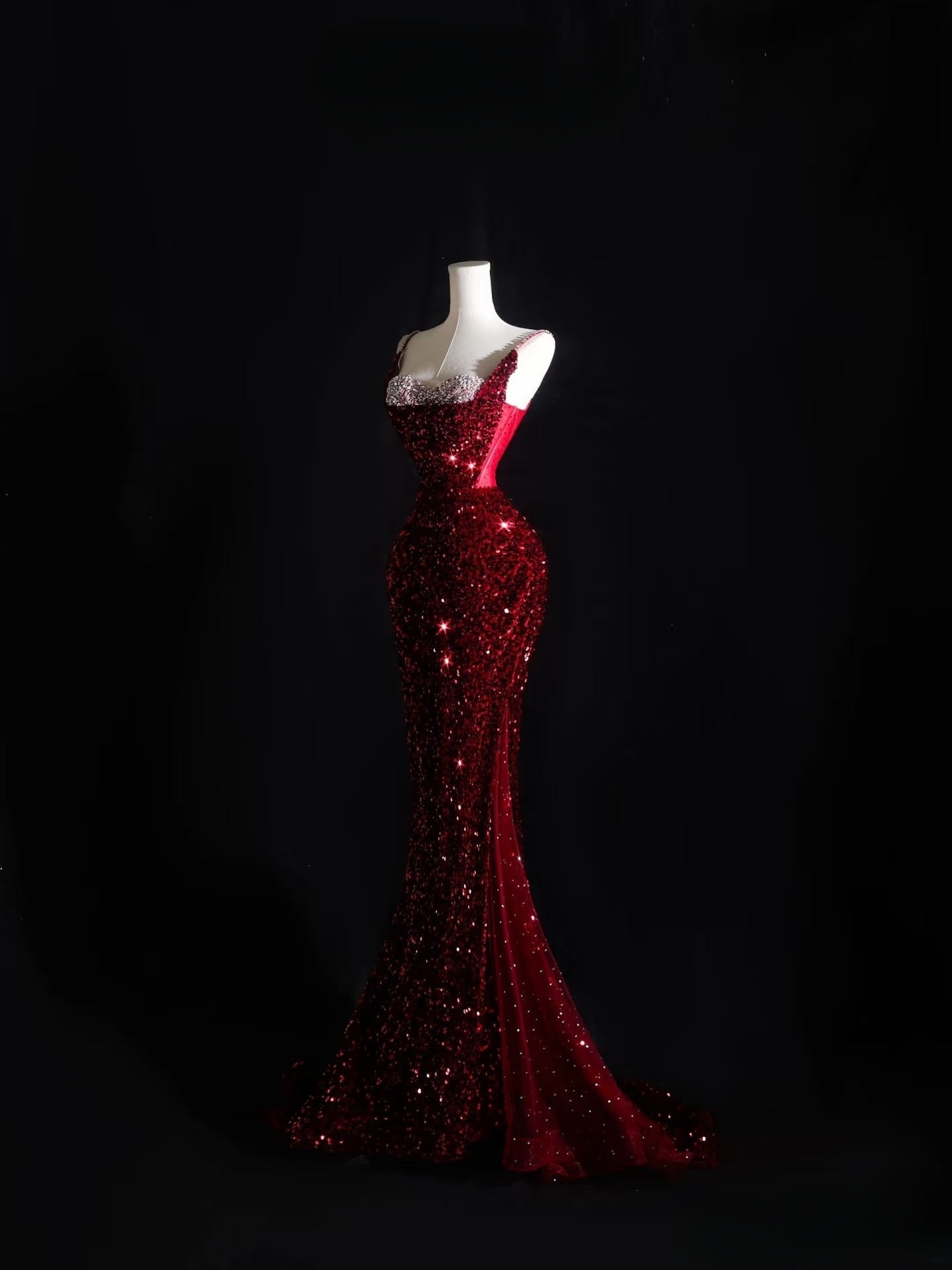 Pretty Mermaid Spaghetti Straps Sequin Beads Burgundy Long Prom Dresses Formal Evening Dress Secondary image