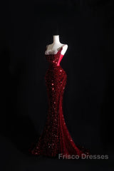 Pretty Mermaid Spaghetti Straps Sequin Beads Burgundy Long Formal Prom Dress Formal Evening Dress