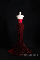 Pretty Mermaid Spaghetti Straps Sequin Beads Burgundy Long Formal Prom Dress Formal Evening Dress