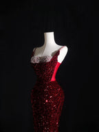 Pretty Mermaid Spaghetti Straps Sequin Beads Burgundy Long Prom Dresses Formal Evening Dress