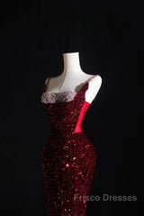Pretty Mermaid Spaghetti Straps Sequin Beads Burgundy Long Formal Prom Dress Formal Evening Dress