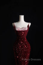 Pretty Mermaid Spaghetti Straps Sequin Beads Burgundy Long Formal Prom Dress Formal Evening Dress