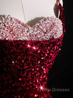 Pretty Mermaid Spaghetti Straps Sequin Beads Burgundy Long Formal Prom Dress Formal Evening Dress