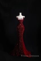 Pretty Mermaid Spaghetti Straps Sequin Beads Burgundy Long Formal Prom Dress Formal Evening Dress