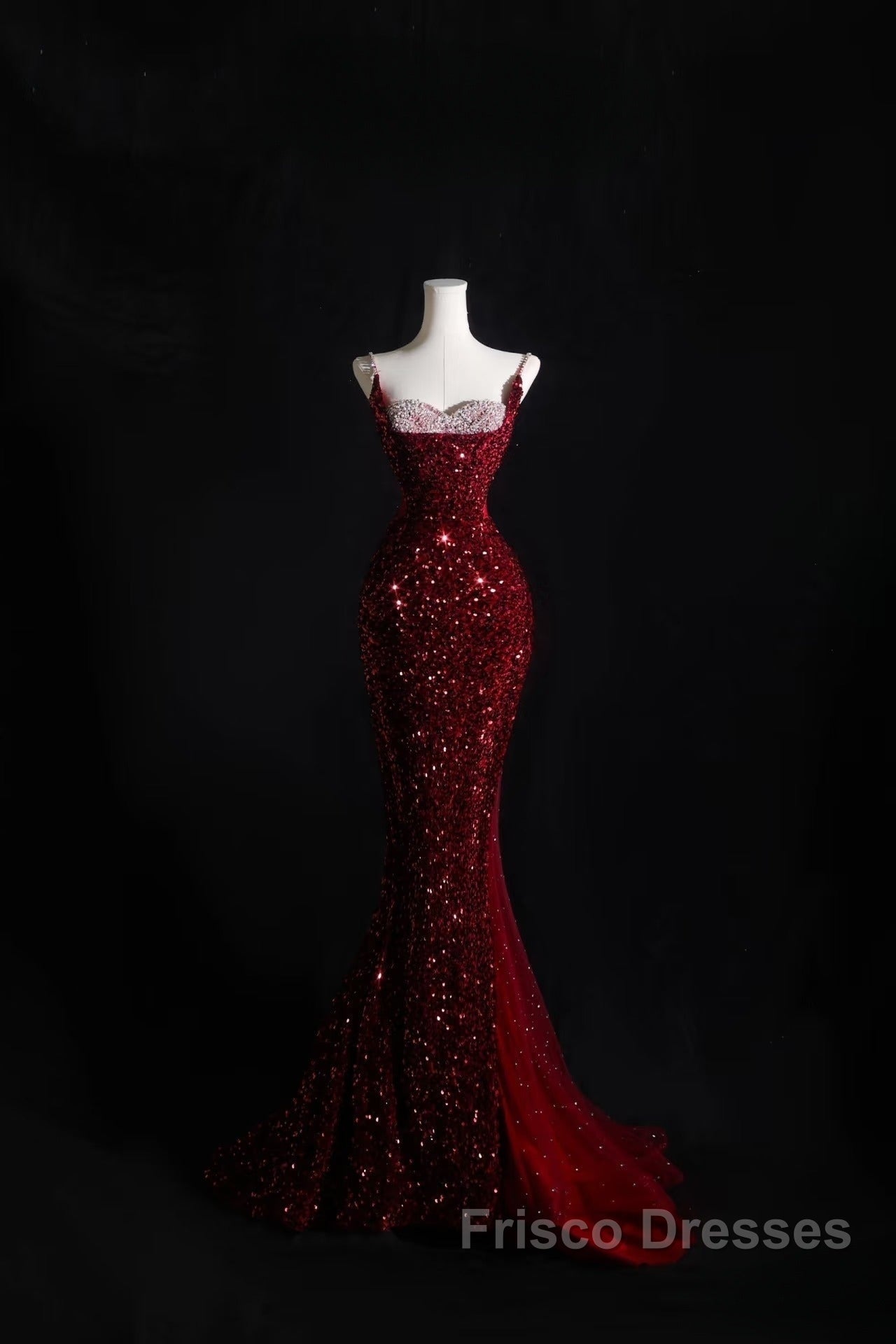 Pretty Mermaid Spaghetti Straps Sequin Beads Burgundy Long Formal Prom Dress Formal Evening Dress