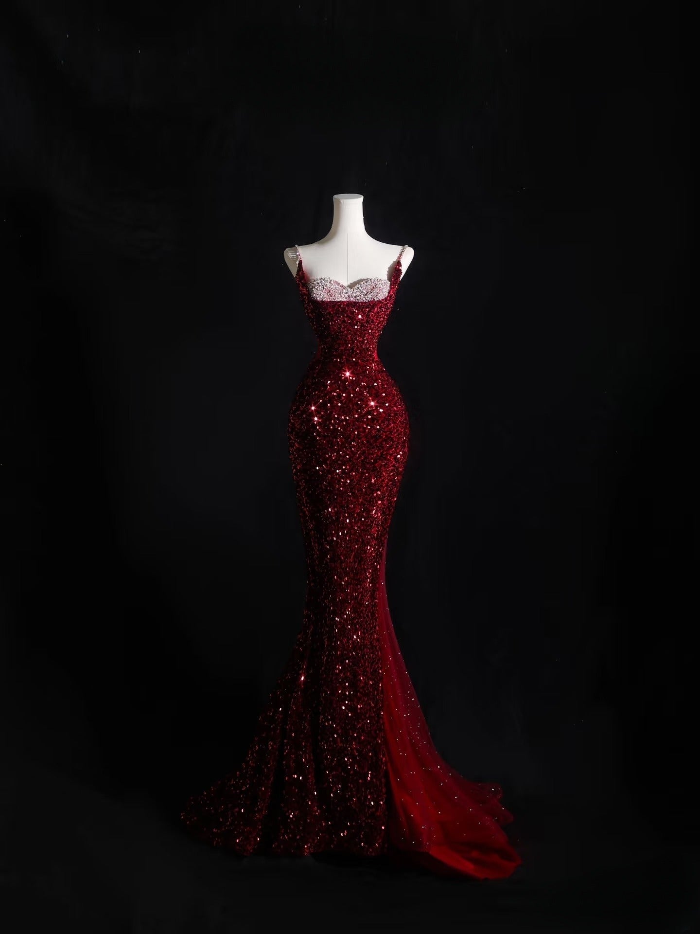 Pretty Mermaid Spaghetti Straps Sequin Beads Burgundy Long Prom Dresses Formal Evening Dress Main image