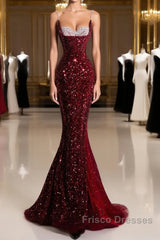 Pretty Mermaid Spaghetti Straps Sequin Beads Burgundy Long Formal Prom Dress Formal Evening Dress