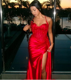 Pretty Mermaid Spaghetti Straps Slit Red Satin Prom Dresses Long Party Dress