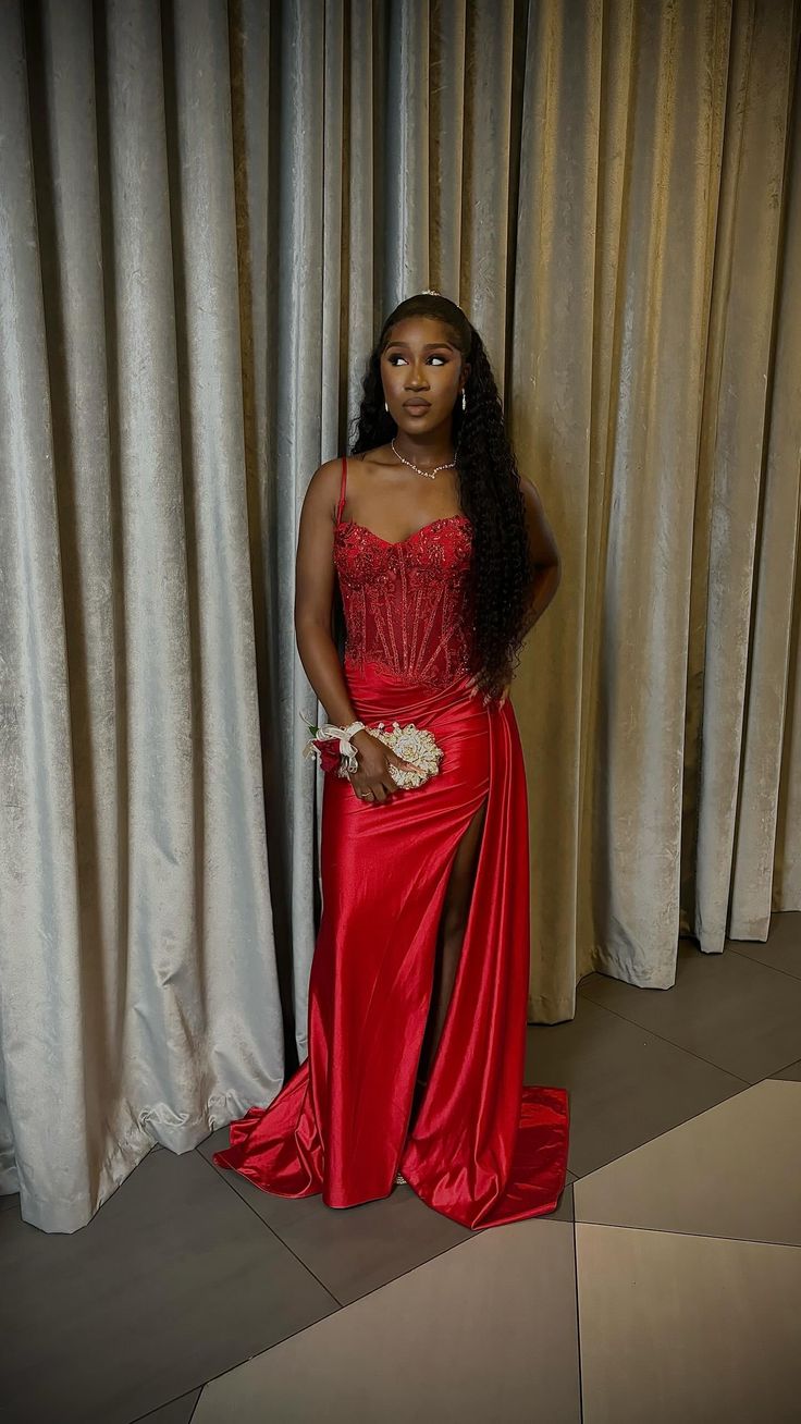Pretty Mermaid Spaghetti Straps Slit Red Satin Prom Dresses Long Party Dress Main image