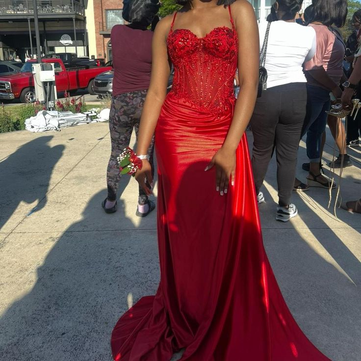 Pretty Mermaid Spaghetti Straps Slit Red Satin Prom Dresses Long Party Dress Secondary image
