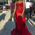 Pretty Mermaid Spaghetti Straps Slit Red Satin Prom Dresses Long Party Dress