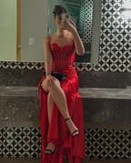 Pretty Mermaid Spaghetti Straps Slit Red Satin Prom Dresses Long Party Dress