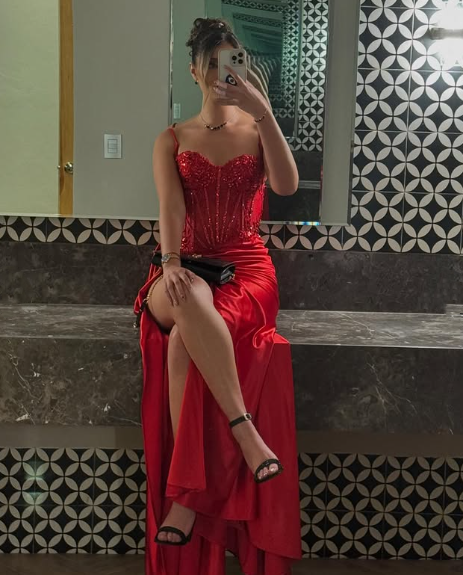 Pretty Mermaid Spaghetti Straps Slit Red Satin Prom Dresses Long Party Dress
