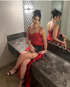 Pretty Mermaid Spaghetti Straps Slit Red Satin Prom Dresses Long Party Dress