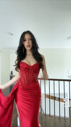 Pretty Mermaid Spaghetti Straps Slit Red Satin Prom Dresses Long Party Dress