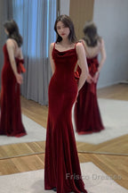 Pretty Mermaid Spaghetti Straps Wine Red Velvet Long Evening Dress Formal Prom Dress
