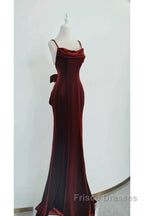 Pretty Mermaid Spaghetti Straps Wine Red Velvet Long Evening Dress Formal Prom Dress