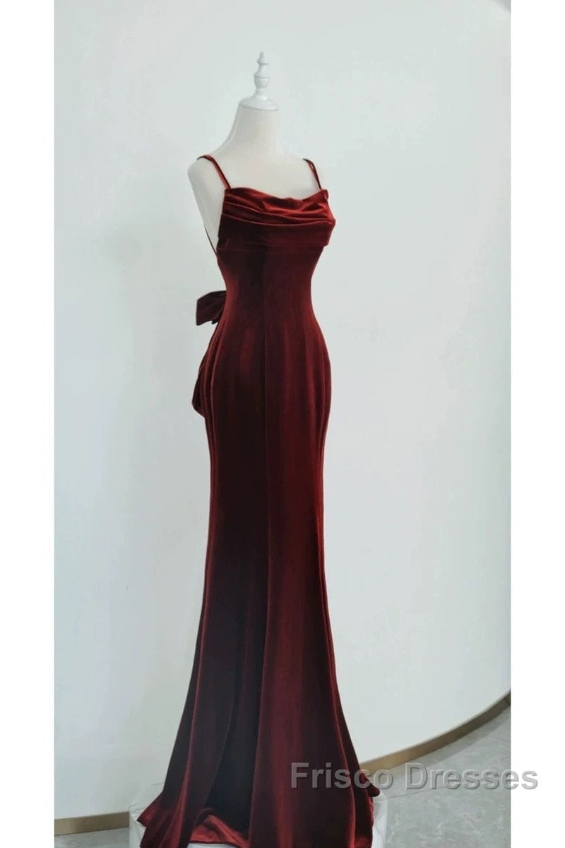 Pretty Mermaid Spaghetti Straps Wine Red Velvet Long Evening Dress Formal Prom Dress