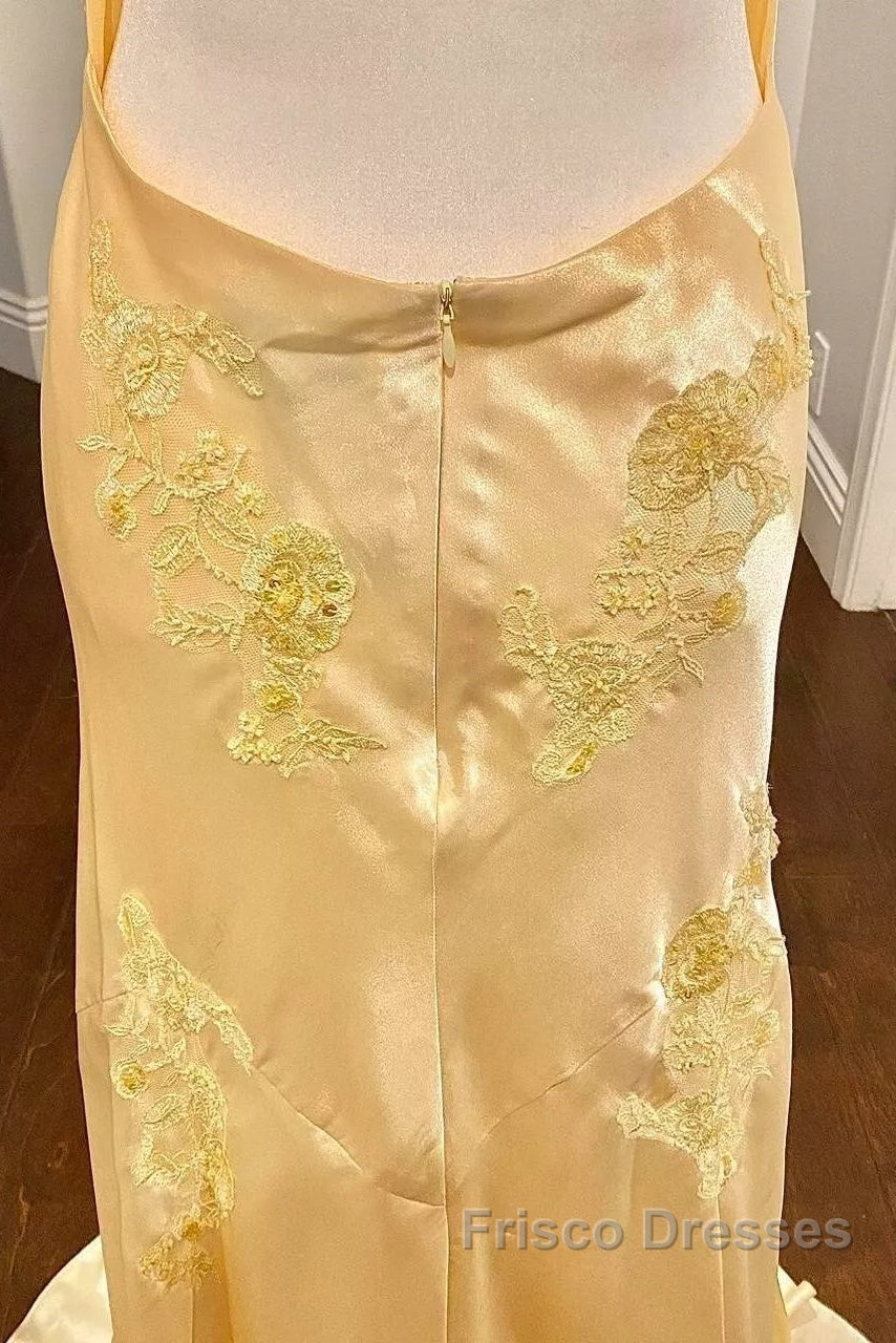 Pretty Mermaid Spaghetti Straps Yellow Backless Long Party Dress Formal Prom Dress