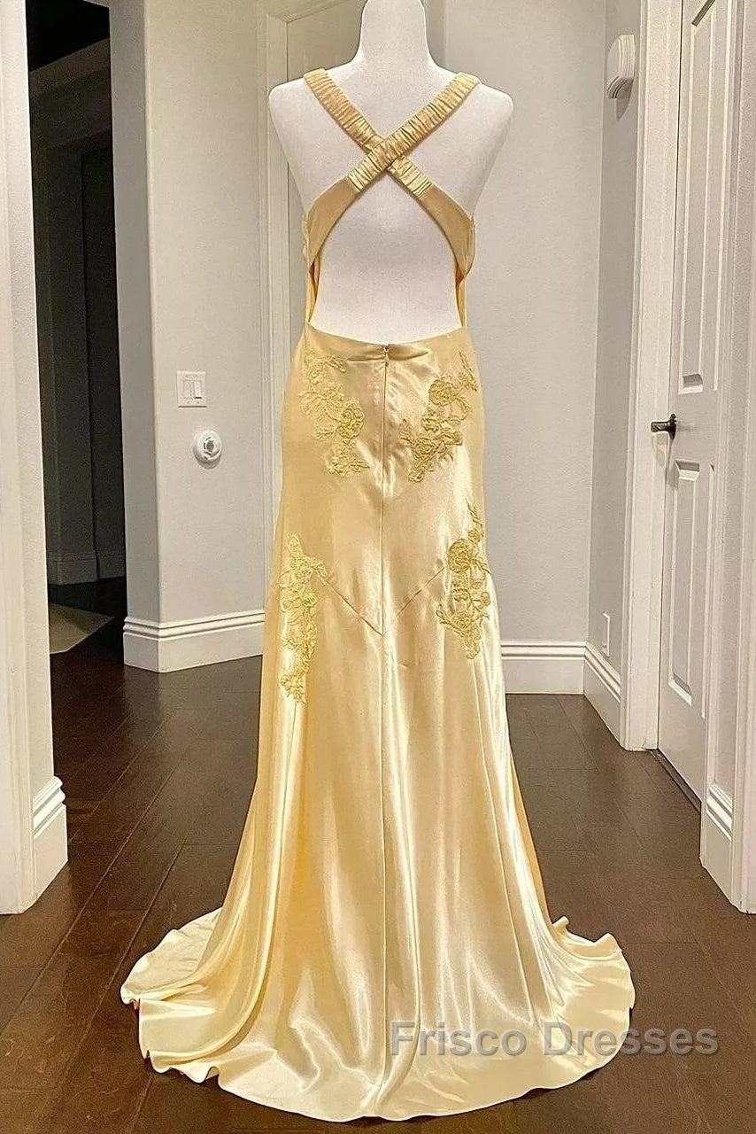 Pretty Mermaid Spaghetti Straps Yellow Backless Long Party Dress Formal Prom Dress