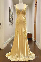 Pretty Mermaid Spaghetti Straps Yellow Backless Long Party Dress Formal Prom Dress