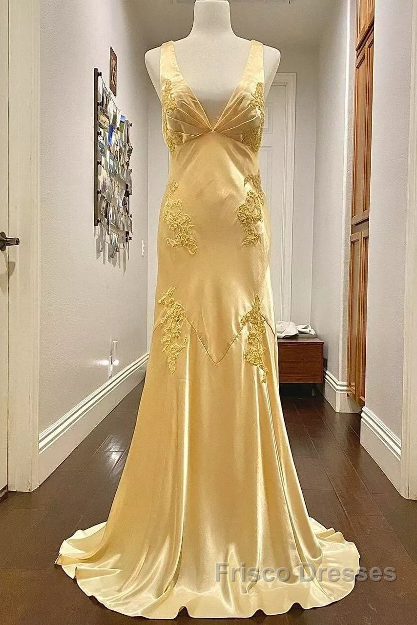 Pretty Mermaid Spaghetti Straps Yellow Backless Long Party Dress Formal Prom Dress