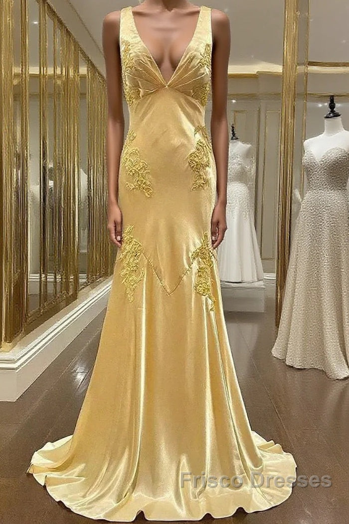 Pretty Mermaid Spaghetti Straps Yellow Backless Long Party Dress Formal Prom Dress Main image