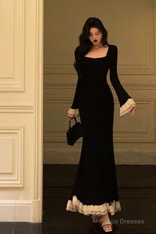 Pretty Mermaid Square Neckline Black Prom Dresses Birthday Outfits Evening Gown Secondary image