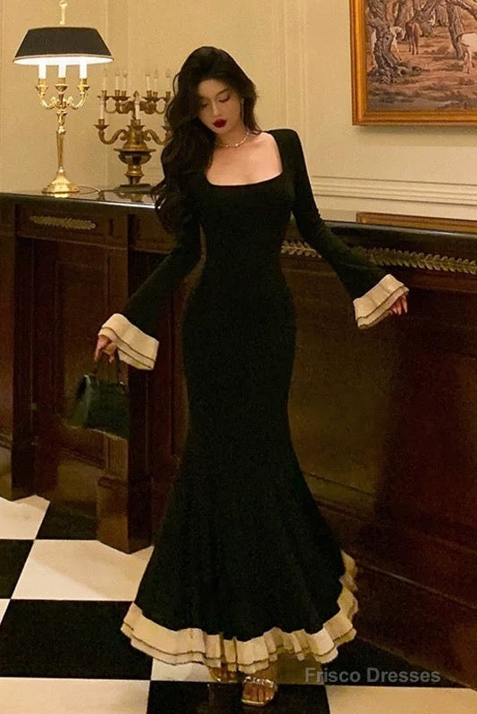 Pretty Mermaid Square Neckline Black Prom Dresses Birthday Outfits Evening Gowns