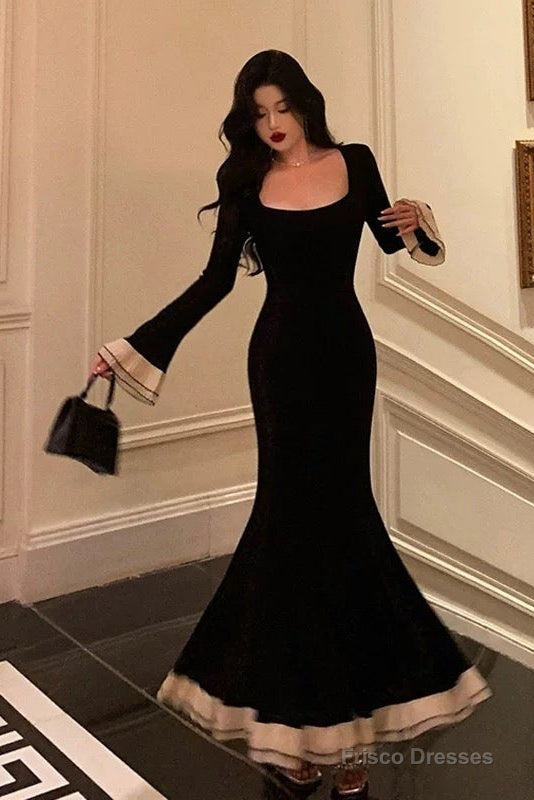 Pretty Mermaid Square Neckline Black Prom Dresses Birthday Outfits Evening Gowns