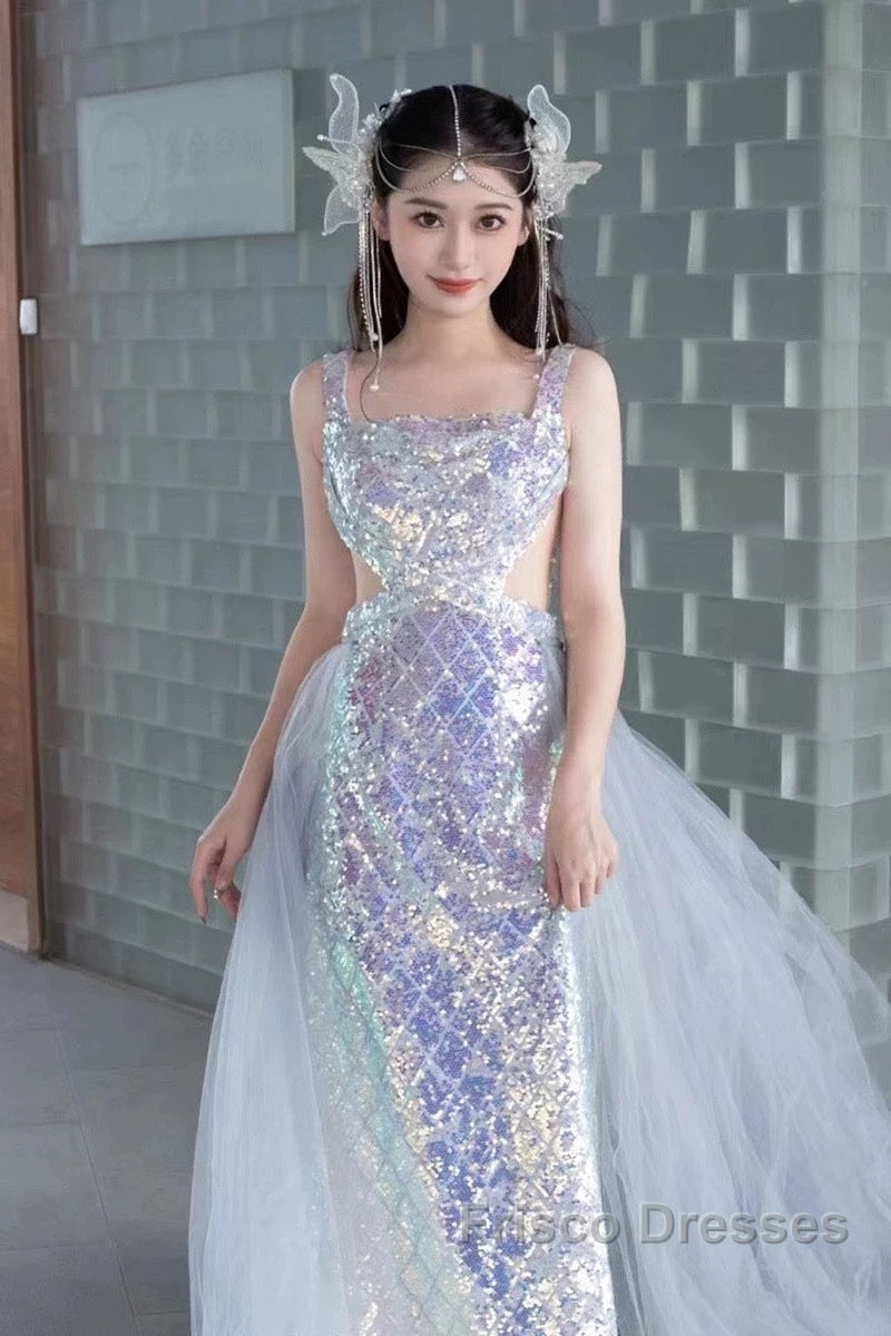 Pretty Mermaid Square Neckline Sequin Long Evening Dress Formal Prom Dress