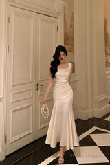 Pretty Mermaid Square Neckline White Date Night Dress Prom Dresses Birthday Party Outfit