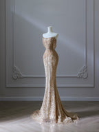 Pretty Mermaid Strapless Gold Sequin Beads Long Prom Dresses Formal Evening Dress