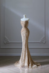 Pretty Mermaid Strapless Gold Sequin Beads Long Formal Prom Dress Formal Evening Dress