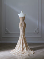 Pretty Mermaid Strapless Gold Sequin Beads Long Prom Dresses Formal Evening Dress