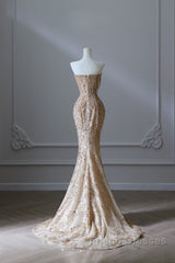 Pretty Mermaid Strapless Gold Sequin Beads Long Formal Prom Dress Formal Evening Dress