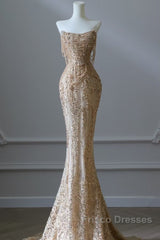 Pretty Mermaid Strapless Gold Sequin Beads Long Formal Prom Dress Formal Evening Dress