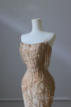 Pretty Mermaid Strapless Gold Sequin Beads Long Formal Prom Dress Formal Evening Dress