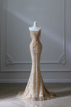 Pretty Mermaid Strapless Gold Sequin Beads Long Formal Prom Dress Formal Evening Dress