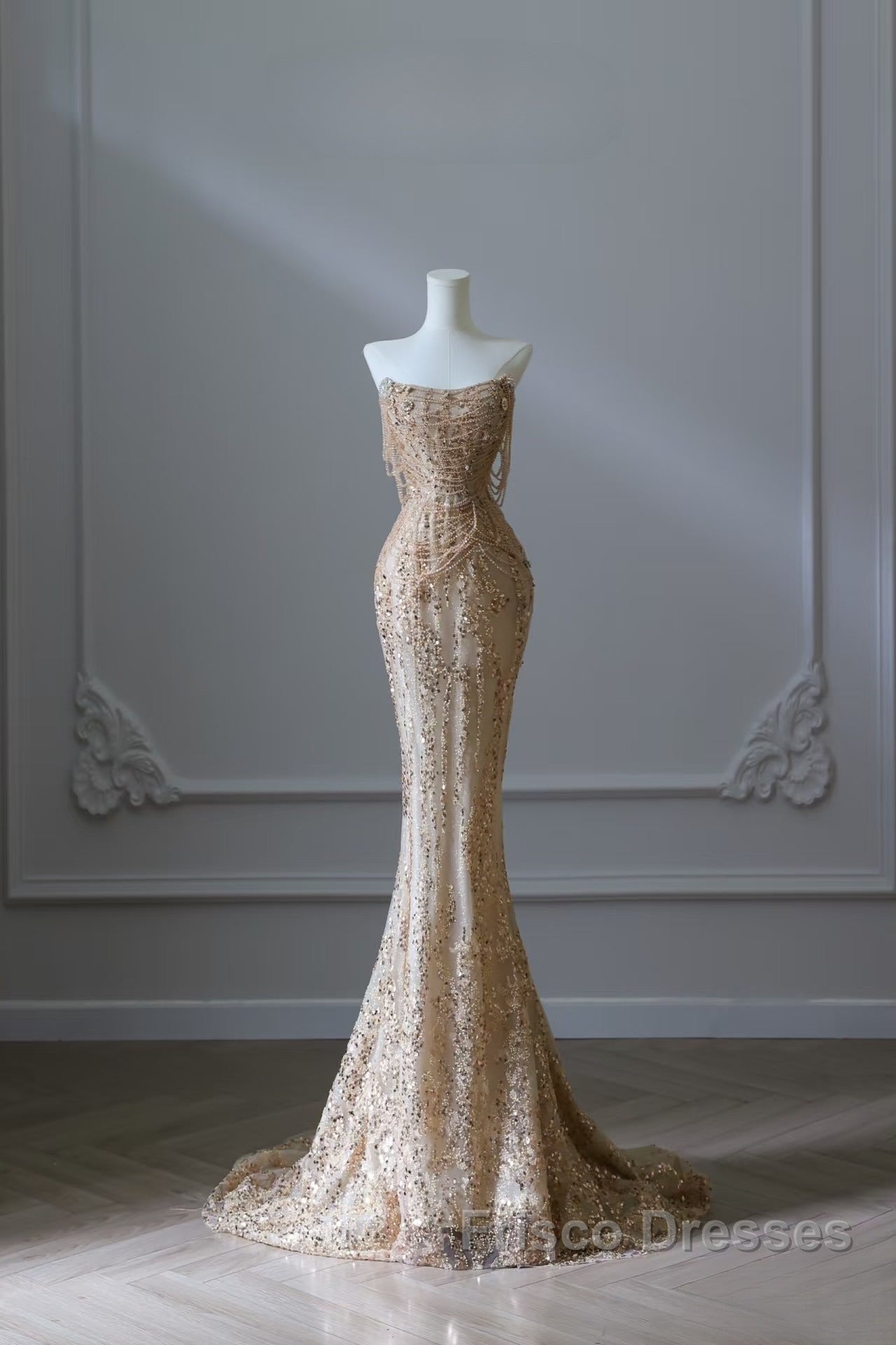 Pretty Mermaid Strapless Gold Sequin Beads Long Formal Prom Dress Formal Evening Dress